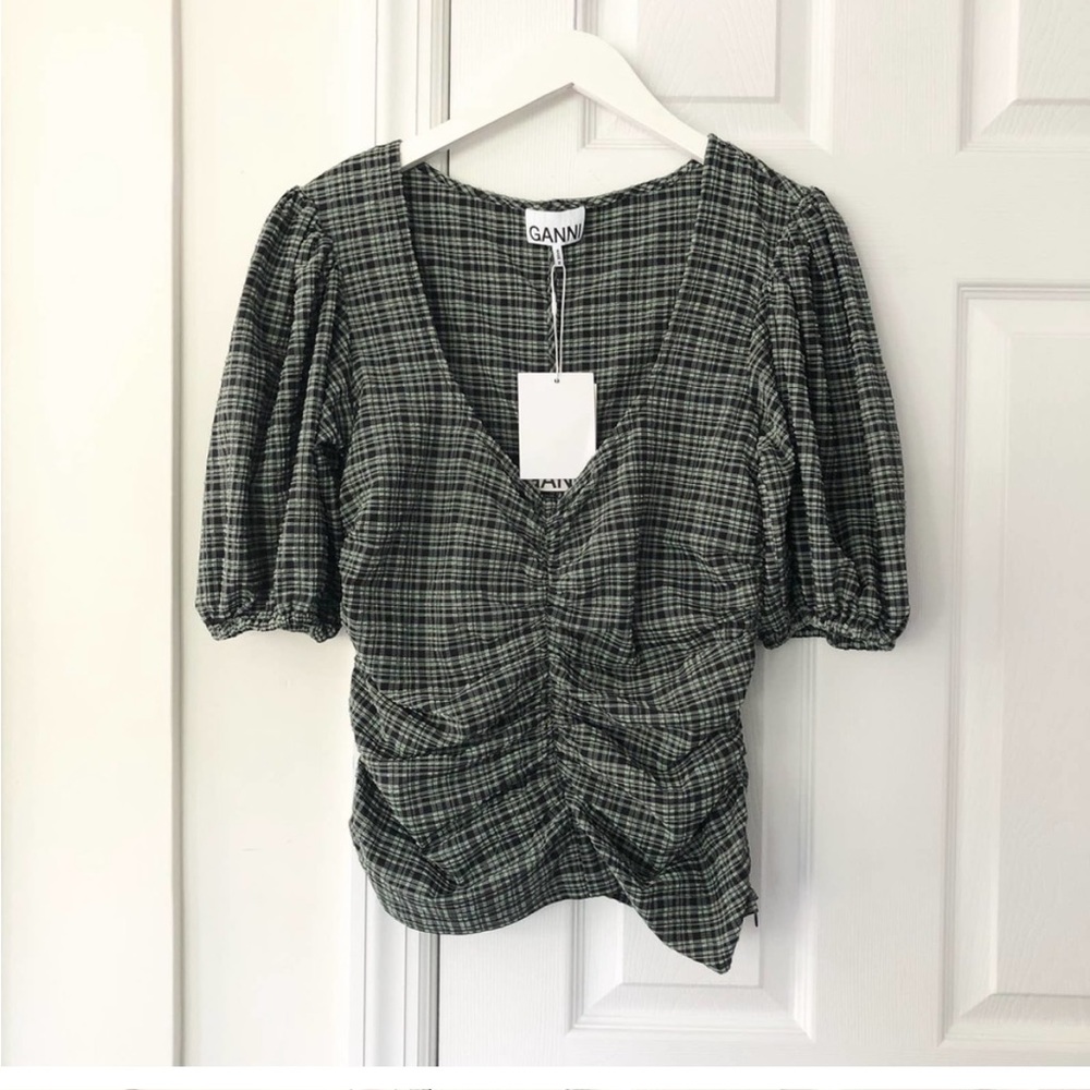 Ganni F6893 Mini Check Green Bay Puff Sleeve Front Ruched Crop Top NWT 38